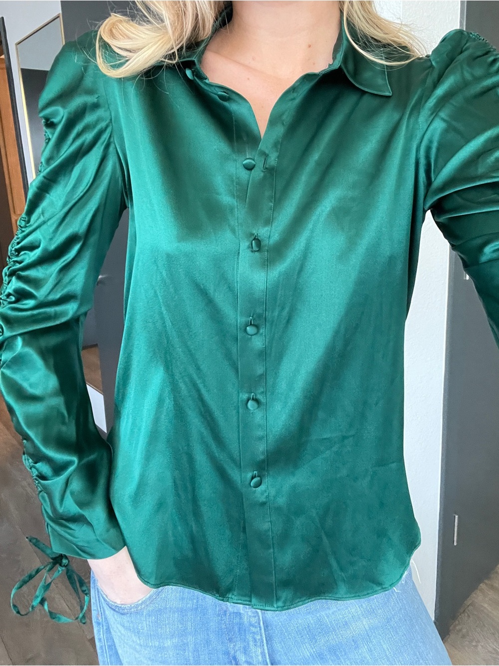 Veronica Beard Lillian Ruched Stretch Silk Satin Blouse